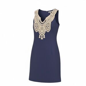 Lilly Pulitzer True Navy Shimmer Gold Embroidered Neck Shift Dress Size 2